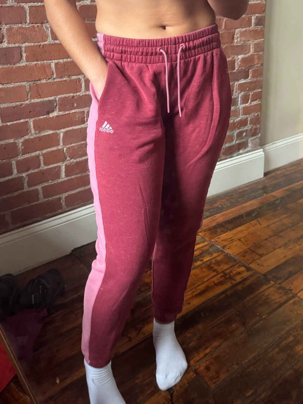 adidas Maroon Heather Joggers with Pink Side Stripe